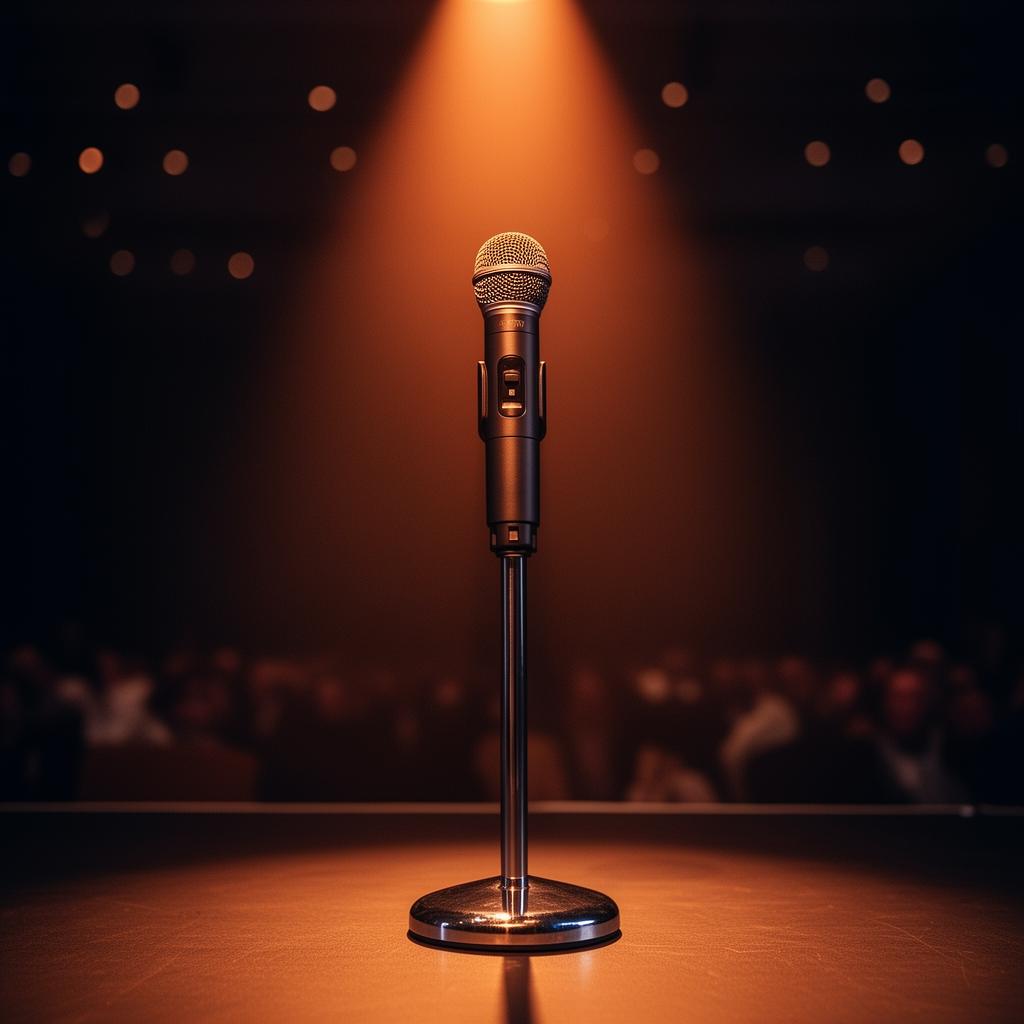 Microphone on a stage under warm spotlight